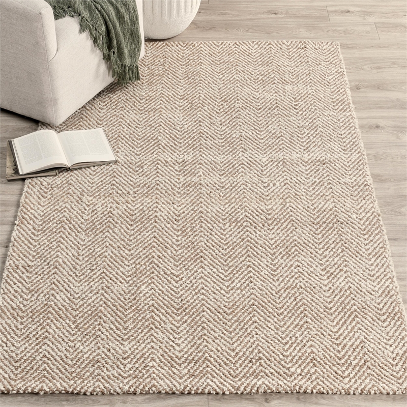 Herringbone 6'x9' Hand Spun Wool Blend Chenille Ivory Area Accent Rug