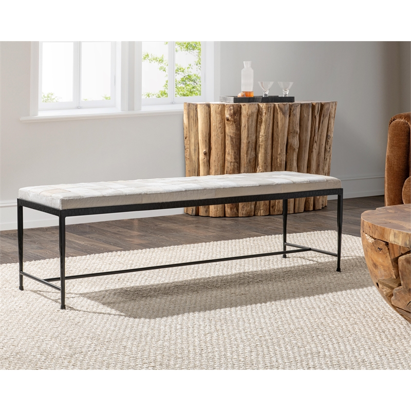 Classic Home Achen Ivory Hair on Hide 60in Iron Bench