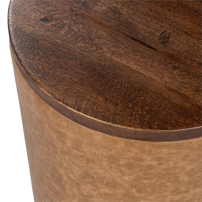 Classic Home Andra Mango Wood Top Leather Wrap Accent End Table in Tan