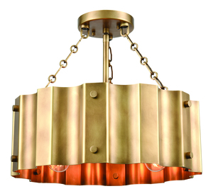 elk home clausten 3-light contemporary metal semi flush mount in natural brass