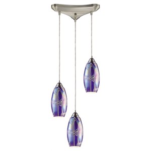elk home iridescence 3-light triangular glass and metal pendant in storm blue