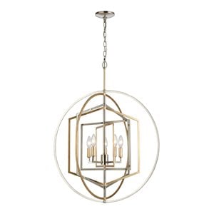 elk home geosphere 5-light steel metal chandelier in polished nickel/gold leaf