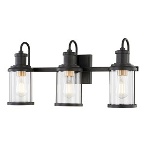 elk home millburn 3-light glass & steel vanity light in matte black/brass/clear