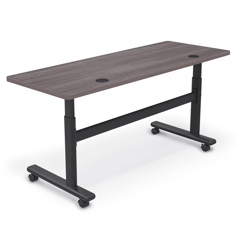 MooreCo Height Adjustable Flip Top Table 60x24 Sterling Ash Top Black Base