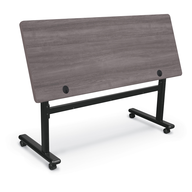 MooreCo Height Adjustable Flip Top Table 60x24 Sterling Ash Top Black Base