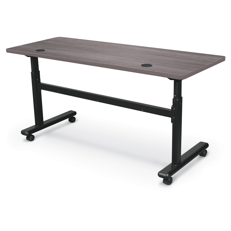 MooreCo Height Adjustable Flip Top Table 60x24 Sterling Ash Top Black Base