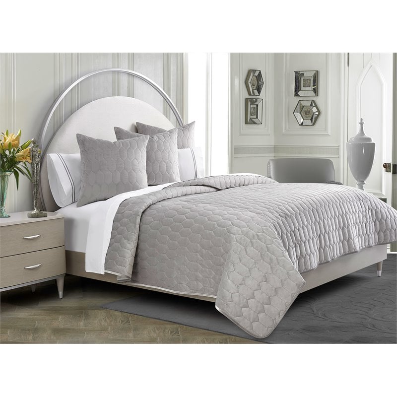 Michael Amini Affluent 3-Piece Queen Velvet Quilt Set in Dove Gray