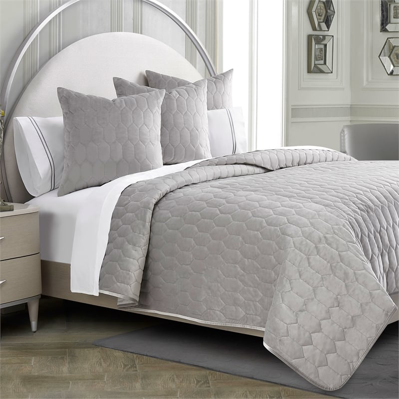 Michael Amini Affluent 3-Piece Queen Velvet Quilt Set in Dove Gray