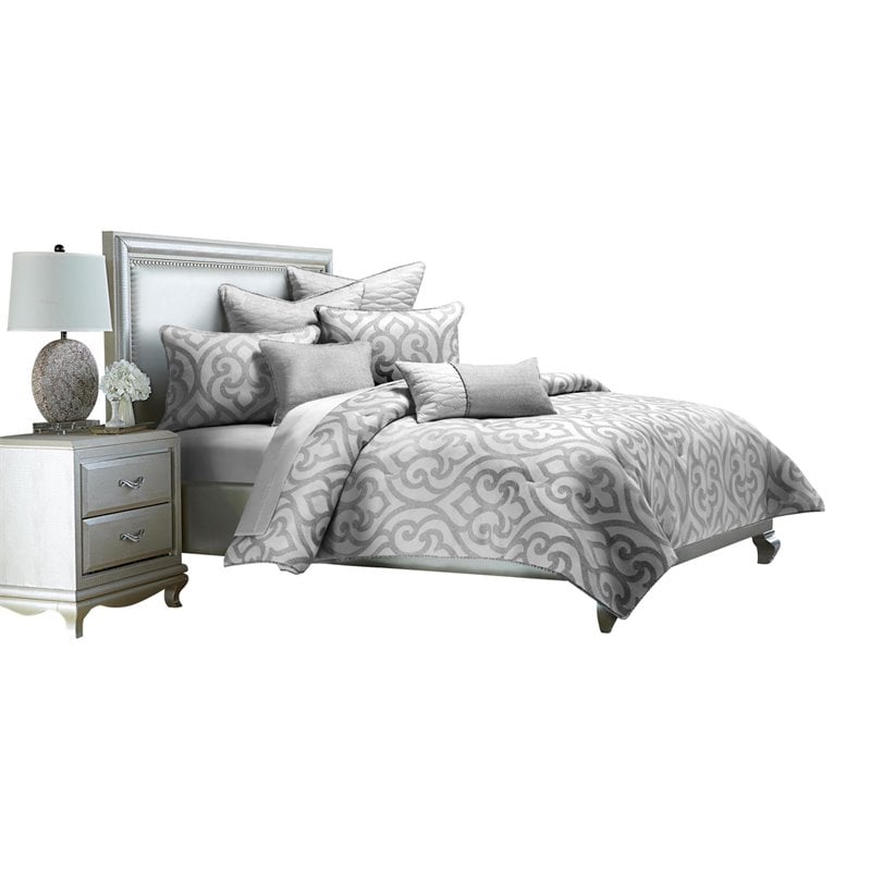 Michael Amini Canterbury 7-piece Jacquard Fabric Queen Comforter Set in Silver