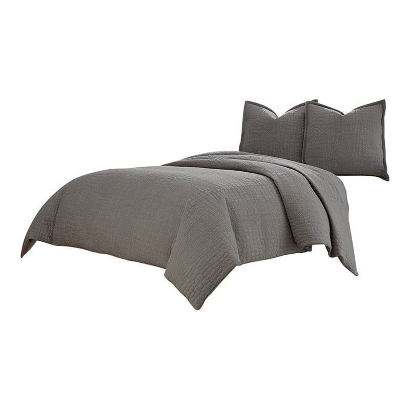 Michael Amini Trent 3-piece Embroidered Pebble Fabric King Duvet Set in Gray
