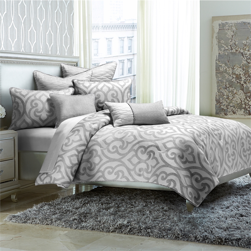 Michael Amini Canterbury 8-piece Jacquard Fabric King Comforter Set in Silver