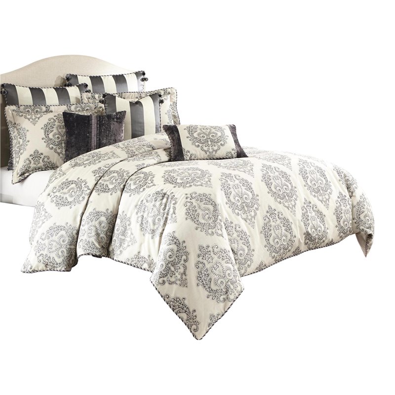 Michael Amini Park Lane 9-piece Jacquard Fabric King Comforter Set in Gray
