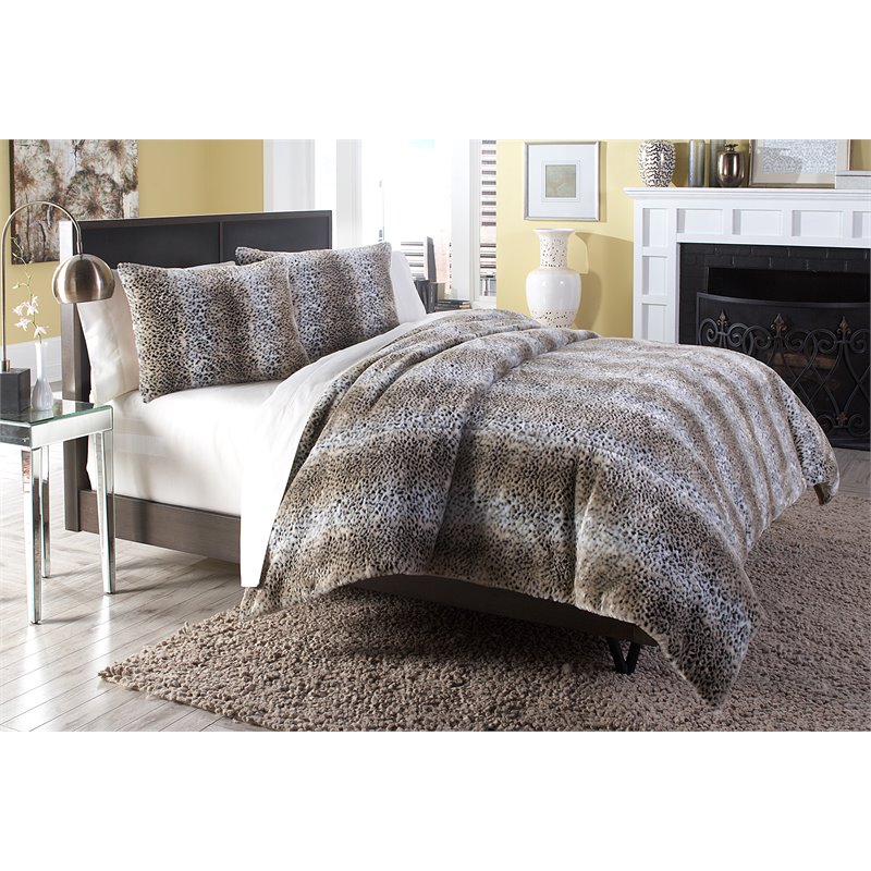 Michael Amini Kasbah 3-piece Plush Faux Fur Fabric Queen Duvet Set in Brown
