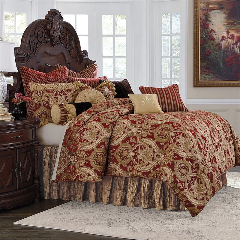 Michael Amini Lafayette 12-piece Fabric Queen Comforter Set in Red/Gold