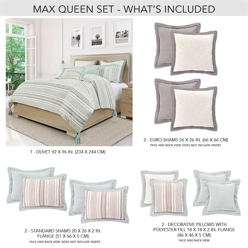 Michael Amini Max 7-piece Stripe Design Cotton Queen Duvet Set in Natural/Blue