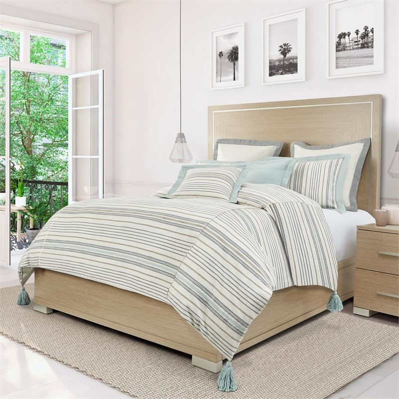Michael Amini Max 7-piece Stripe Design Cotton Queen Duvet Set in Natural/Blue