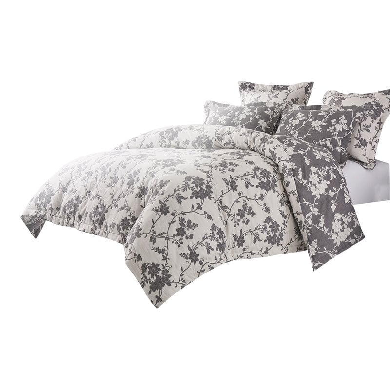 Michael Amini Mika 5-piece Floral Cotton Queen Duvet Set in Dove Gray/Silver