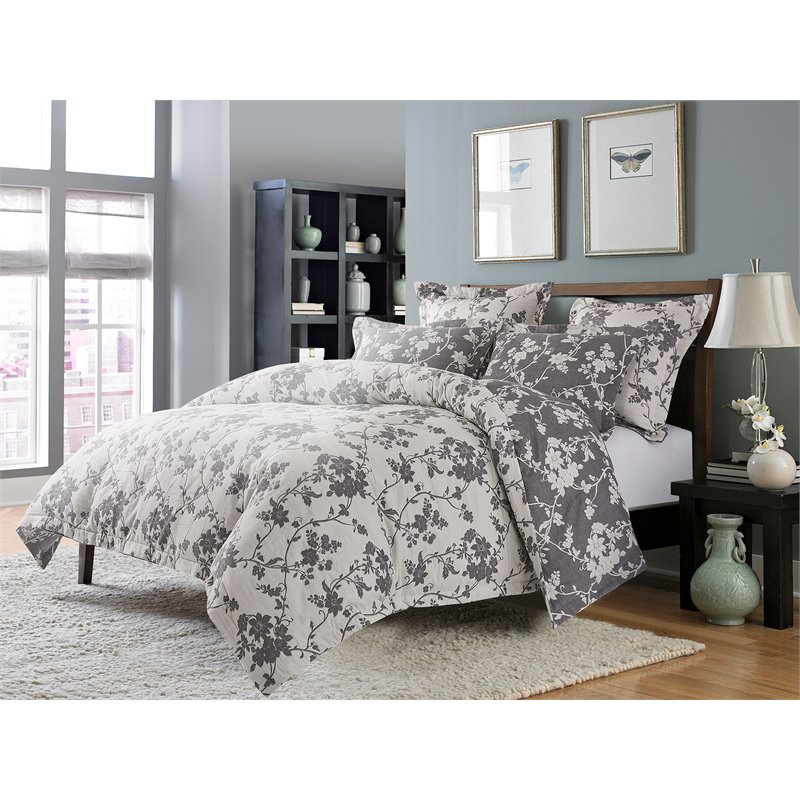 Michael Amini Mika 6-piece Floral Cotton King Duvet Set in Dove Gray/Silver