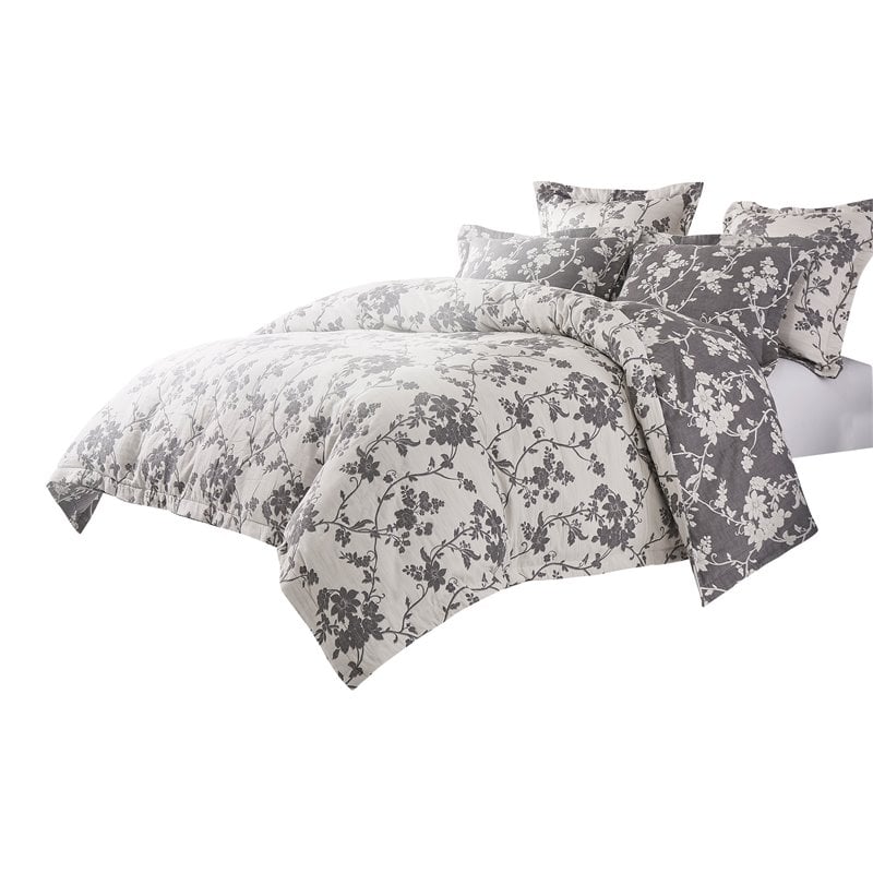 Michael Amini Mika 6-piece Floral Cotton King Duvet Set in Dove Gray/Silver