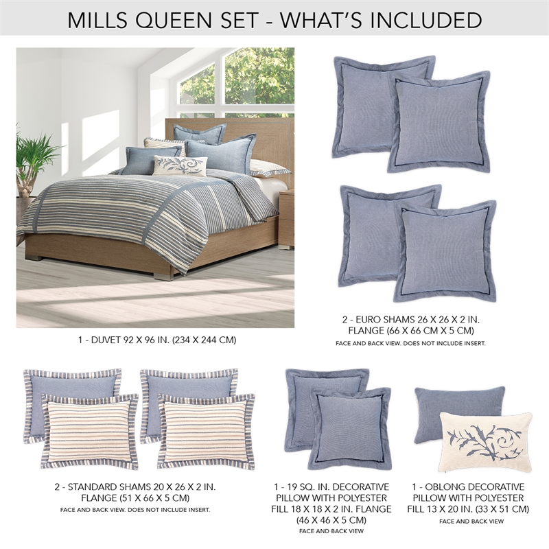Michael Amini Mills 7-piece Oversized Cotton Queen Duvet Set in Denim Blue