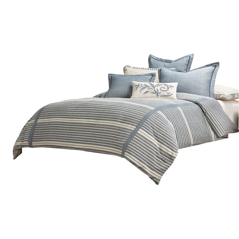 Michael Amini Mills 7-piece Oversized Cotton Queen Duvet Set in Denim Blue