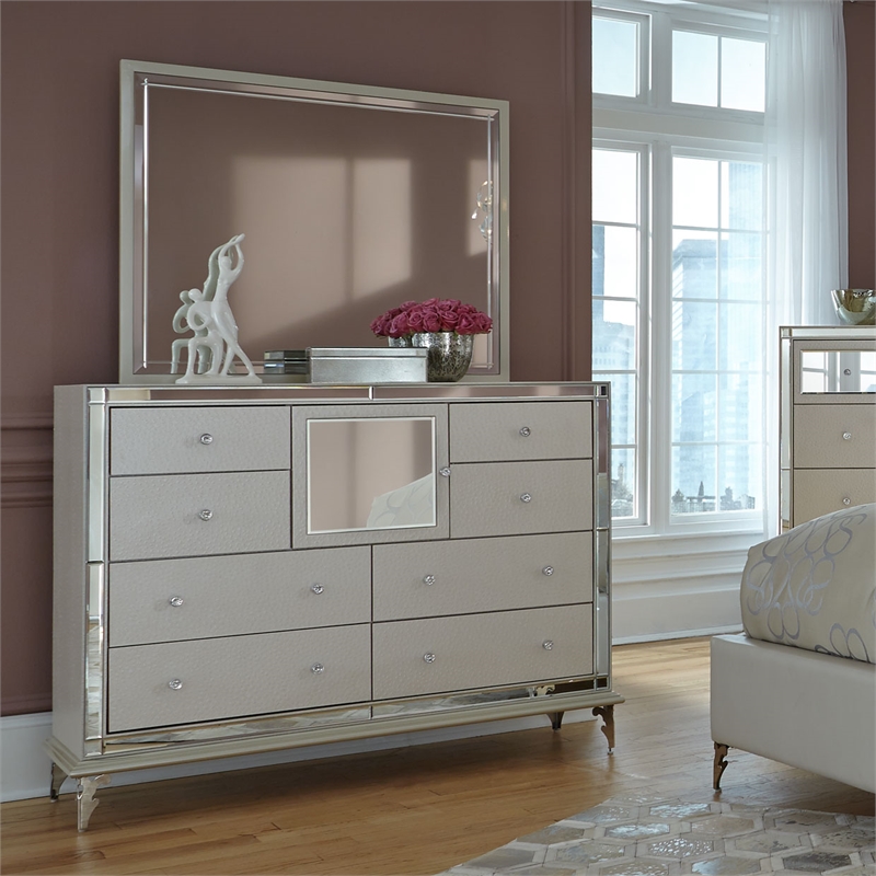 Michael Amini Hollywood Loft Dresser with Mirror in Frost Ivory