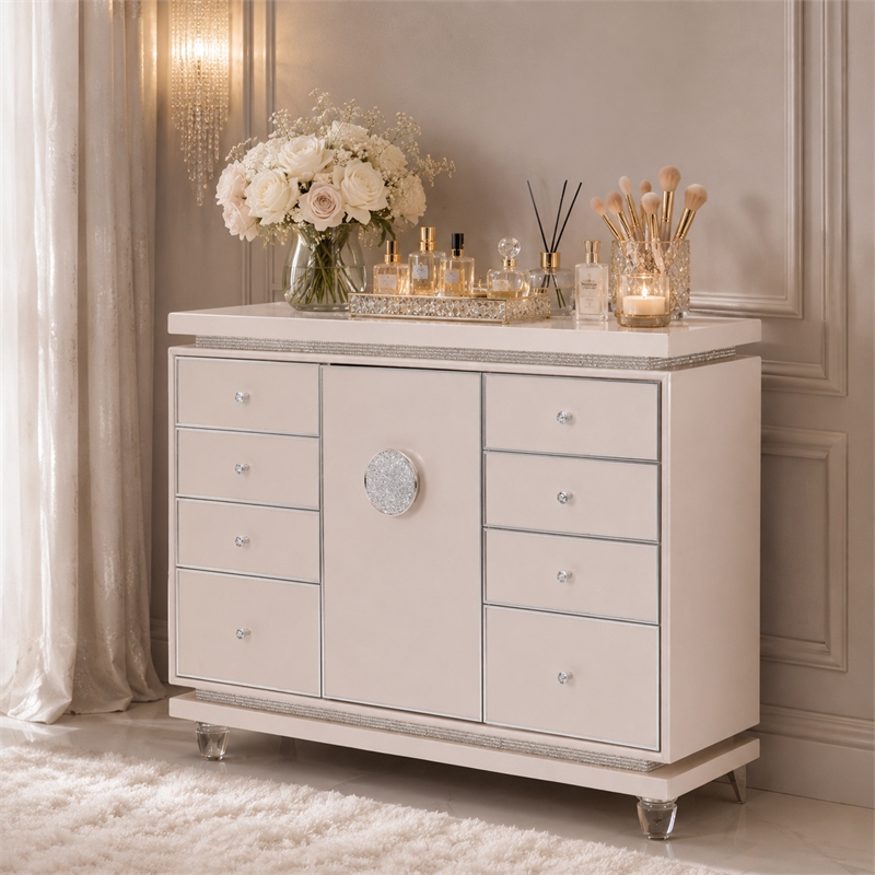 Michael Amini Glimmering Heights Upholstered Wood & Vinyl Dresser in Ivory