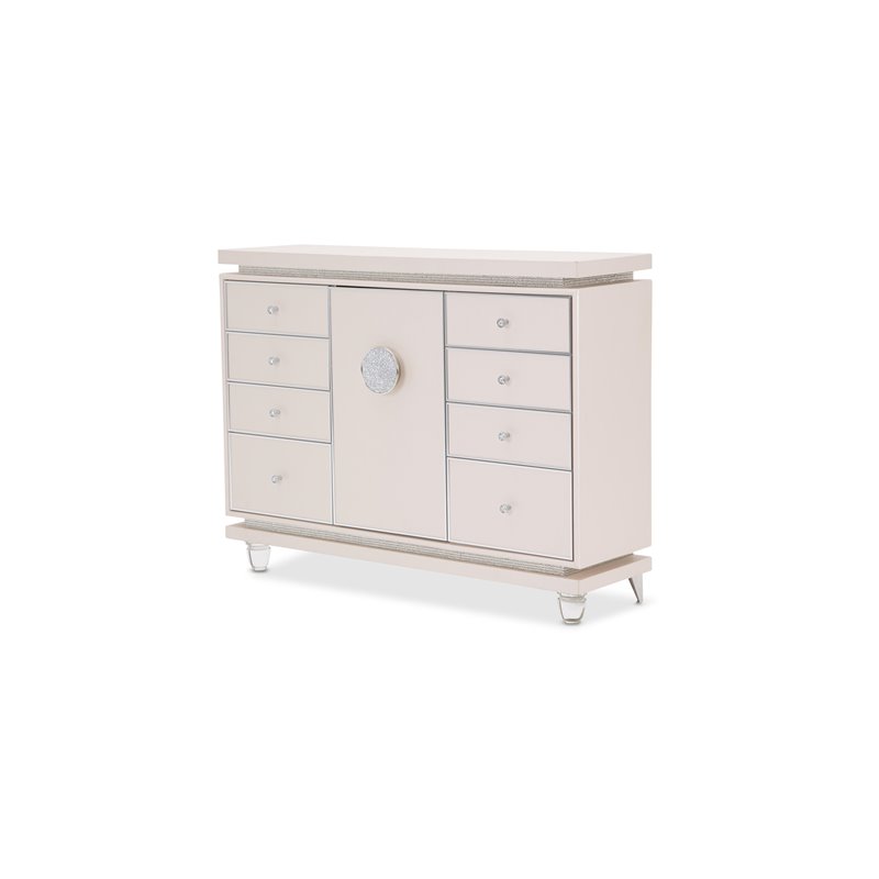 Michael Amini Glimmering Heights Upholstered Wood Dresser w/ Mirror in Ivory