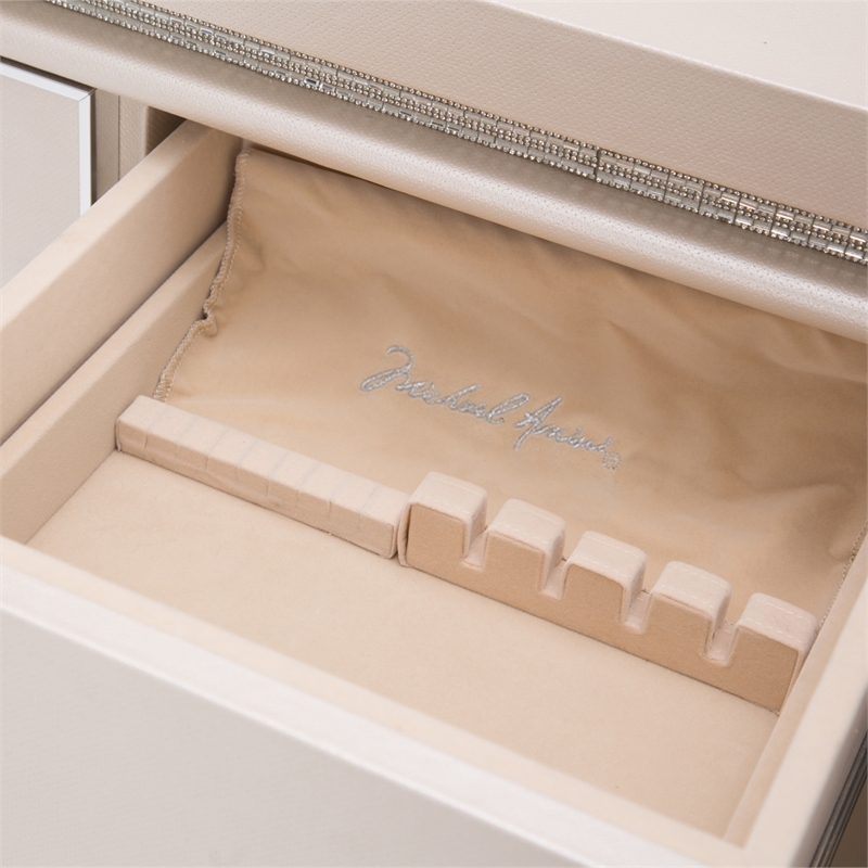 Michael Amini Glimmering Heights Upholstered Wood Dresser w/ Mirror in Ivory