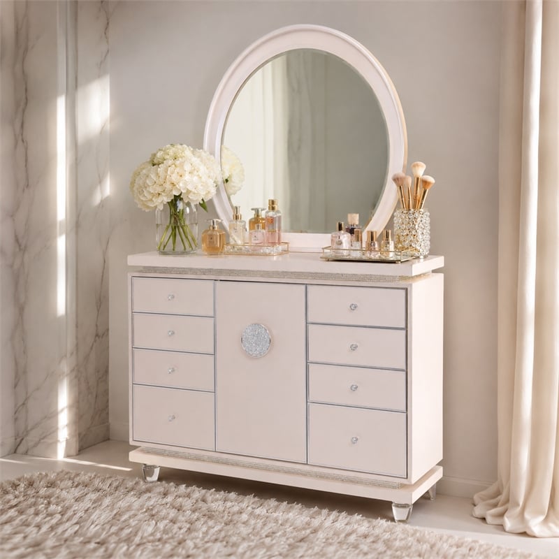 Michael Amini Glimmering Heights Upholstered Wood Dresser w/ Mirror in Ivory