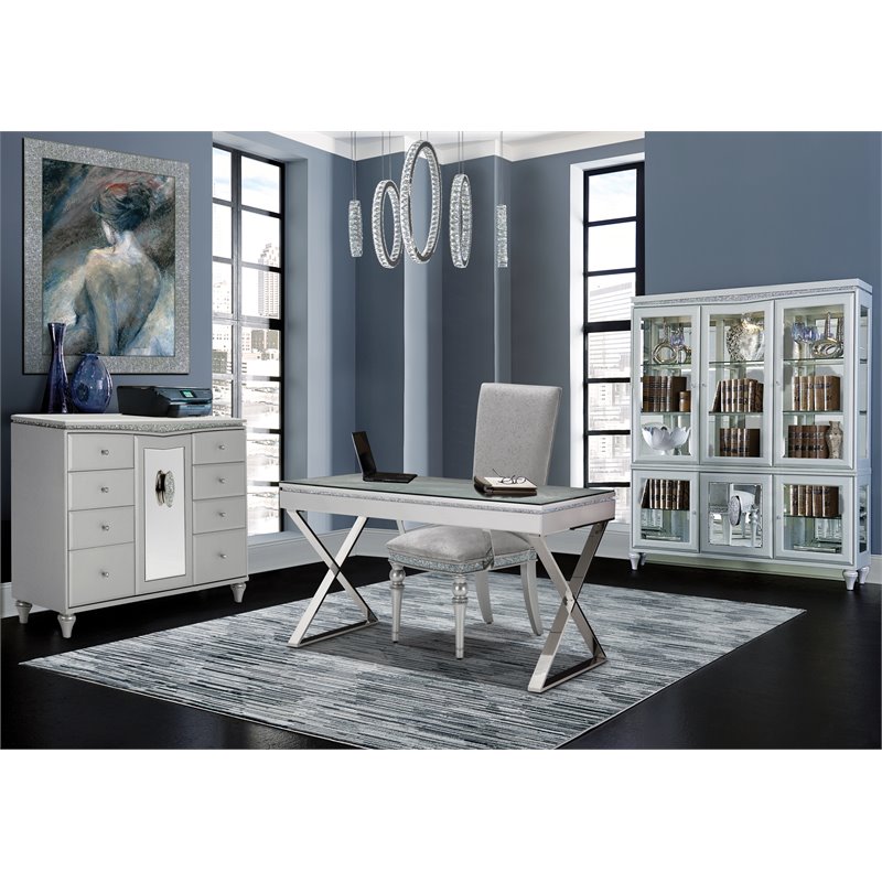 Michael Amini Melrose Plaza Contemporary Wood & Glass Writing Desk in Dove Gray