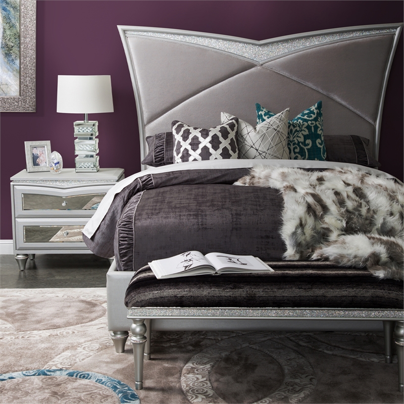 Michael Amini Melrose Plaza Contemporary Wood & Velvet Bed Bench in Dove Gray