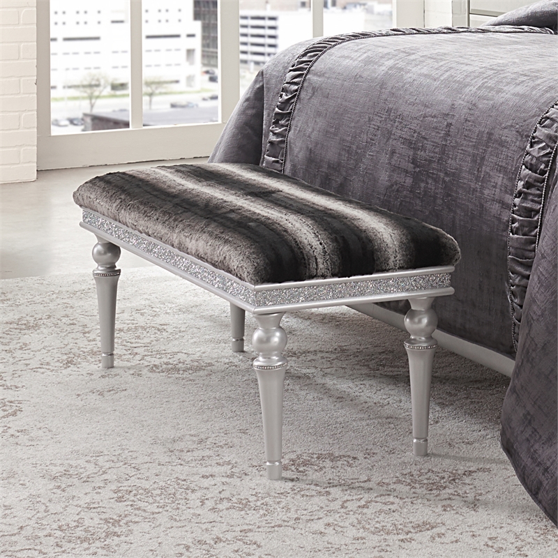 Michael Amini Melrose Plaza Contemporary Wood & Velvet Bed Bench in Dove Gray