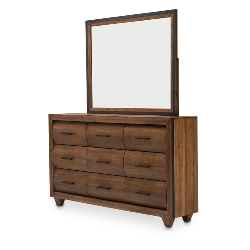 Michael Amini Brooklyn Walk Wood Dresser with Mirror - Burnt Umber Brown