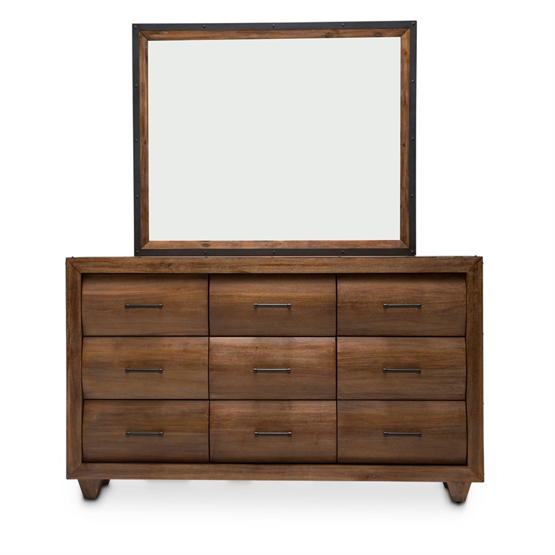 Michael Amini Brooklyn Walk Wood Dresser with Mirror - Burnt Umber Brown