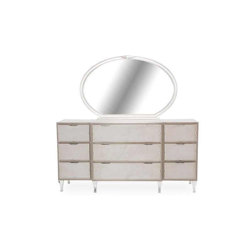Michael Amini Camden Court Wood Dresser w/ Mirror in Ivory Pearl & Taupe