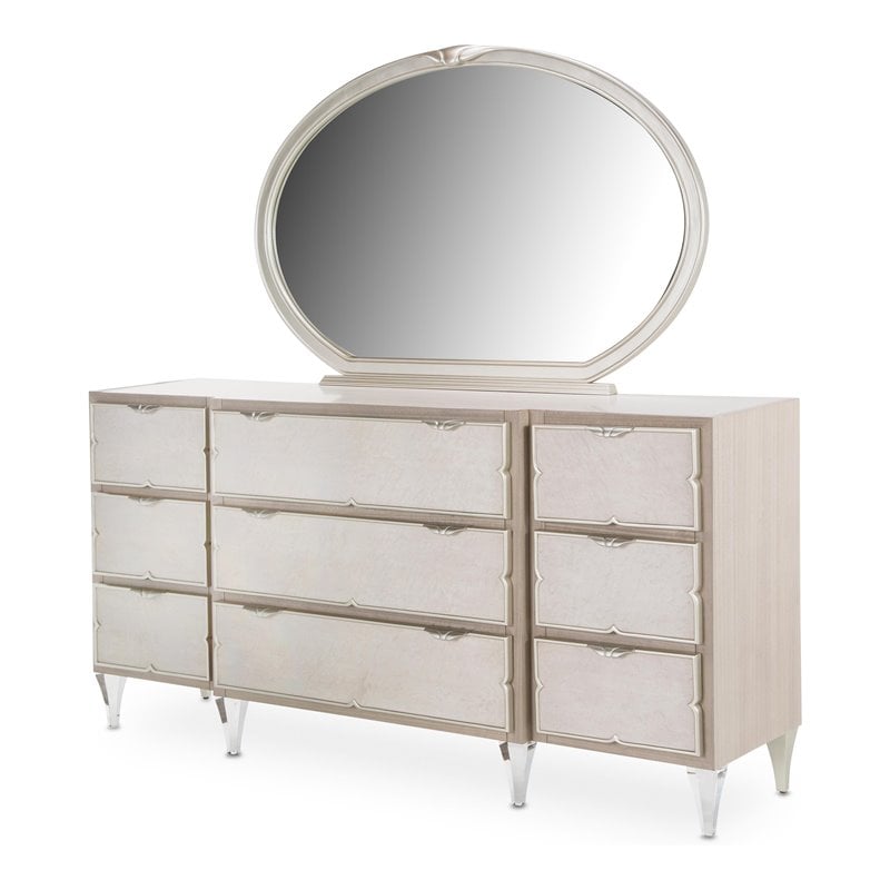 Michael Amini Camden Court Wood Dresser w/ Mirror in Ivory Pearl & Taupe