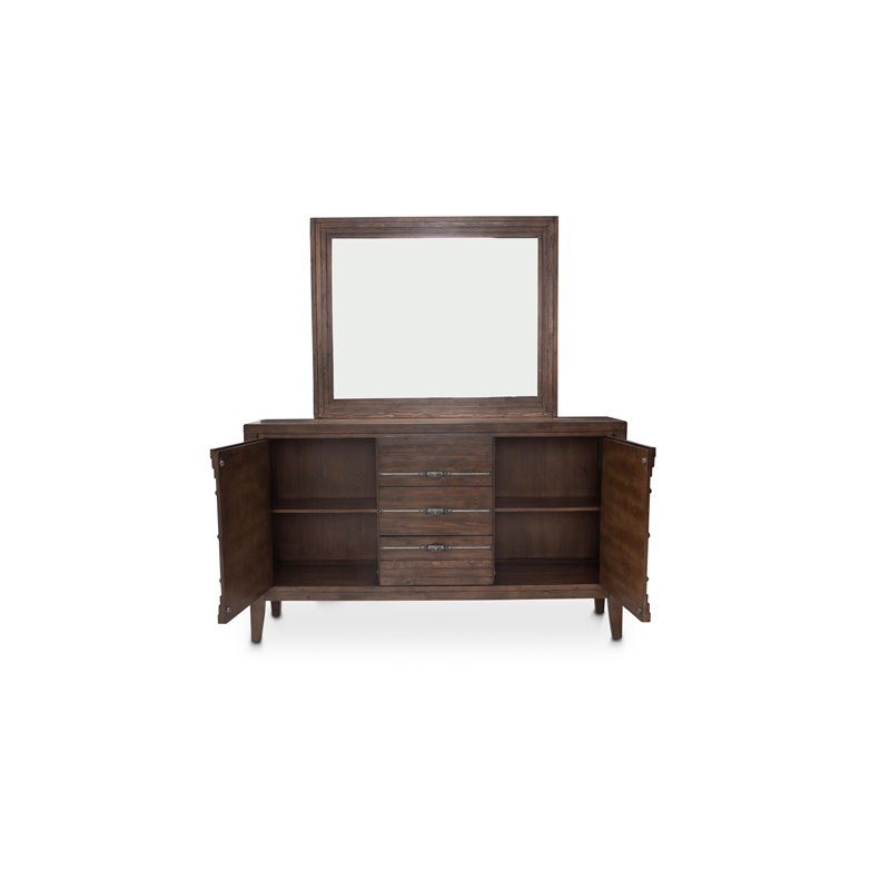 Michael Amini Carrollton Wood & Glass Sideboard w/ Mirror in Rustic Ranch Brown