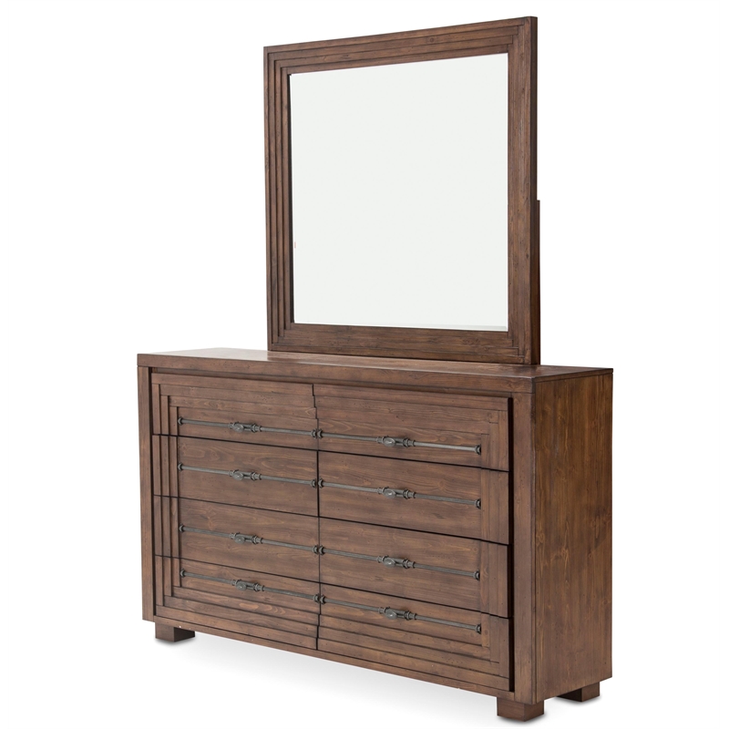 Michael Amini Carrollton Wood Dresser with Mirror in Rustic Brown