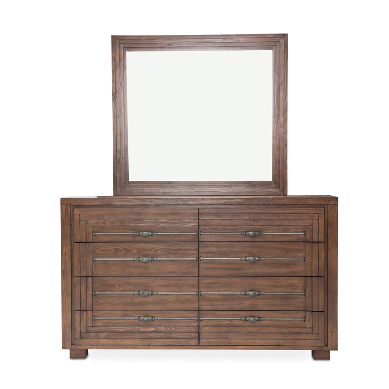 Michael Amini Carrollton Wood Dresser with Mirror in Rustic Brown