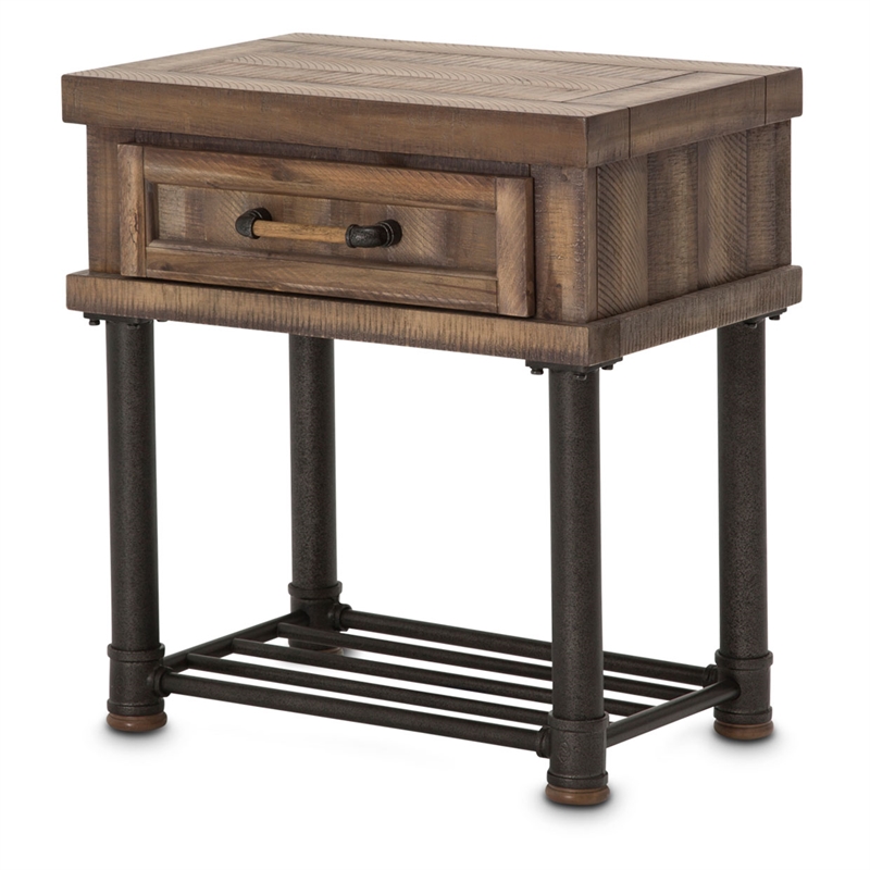 Michael Amini Crossings Wood & Metal Side Table with Drawer - Barn Brown