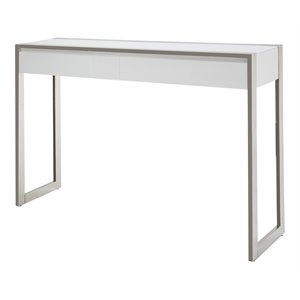 michael amini state st. stainless steel & glass console table in glossy white