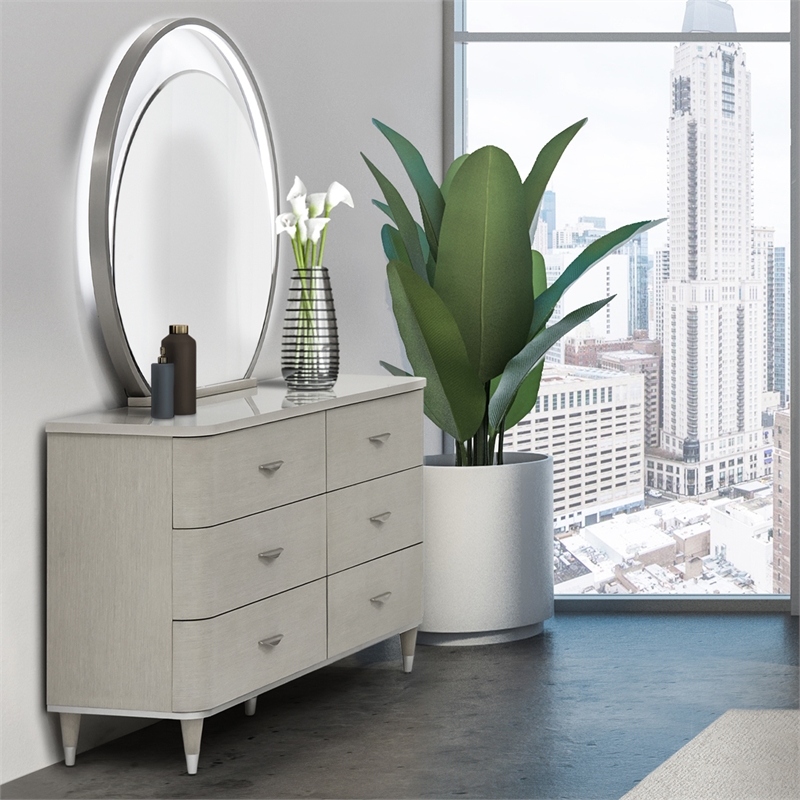Michael Amini Eclipse Wood & Marble Dresser with Mirror Set in Moonlight Gray