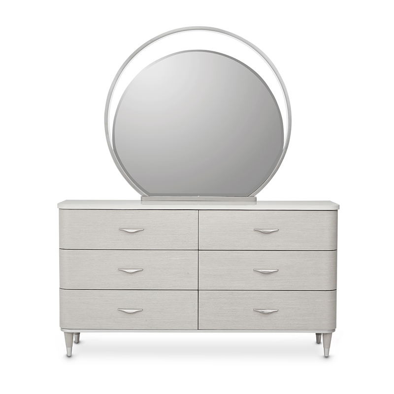 Michael Amini Eclipse Wood & Marble Dresser with Mirror Set in Moonlight Gray