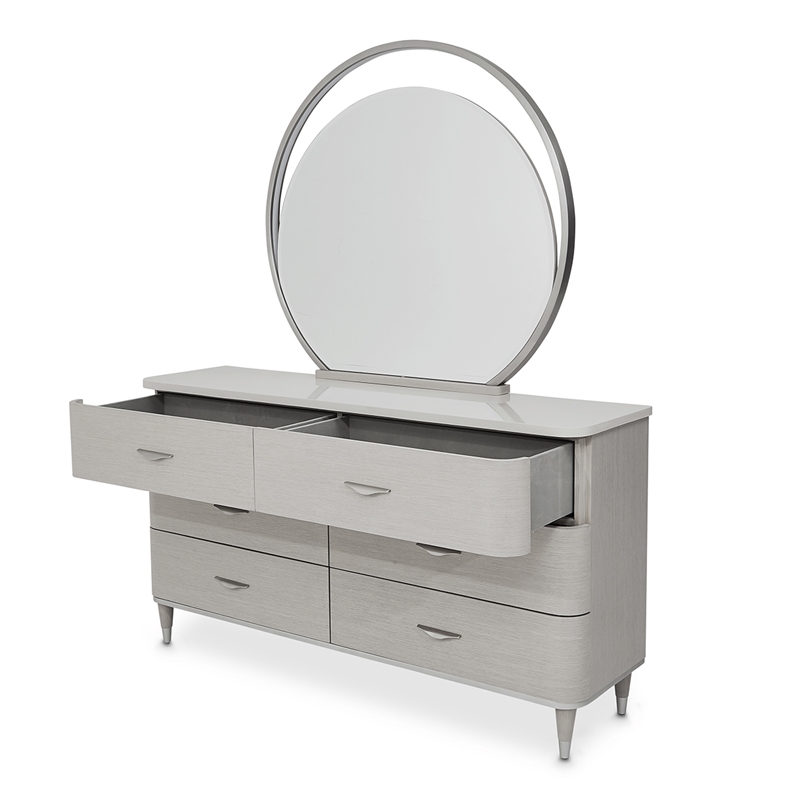 Michael Amini Eclipse Wood & Marble Dresser with Mirror Set in Moonlight Gray