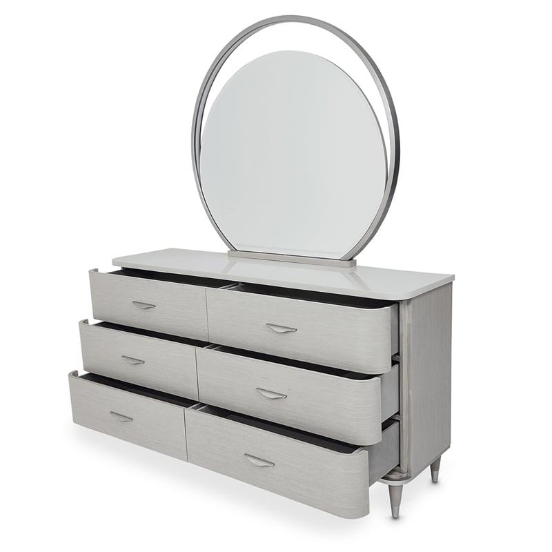 Michael Amini Eclipse Wood & Marble Dresser with Mirror Set in Moonlight Gray