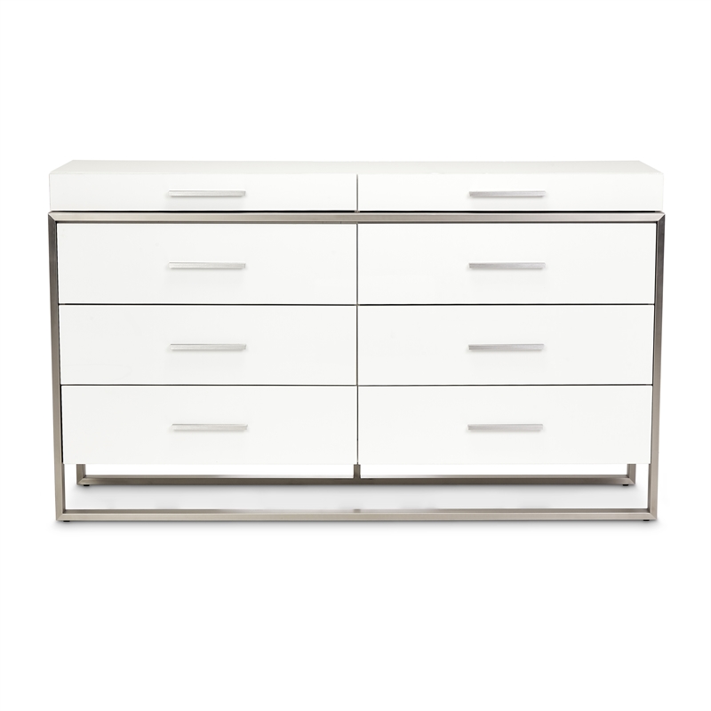 Michael Amini Marquee 8-Drawer Modern Wood and Glass Dresser in Cloud White
