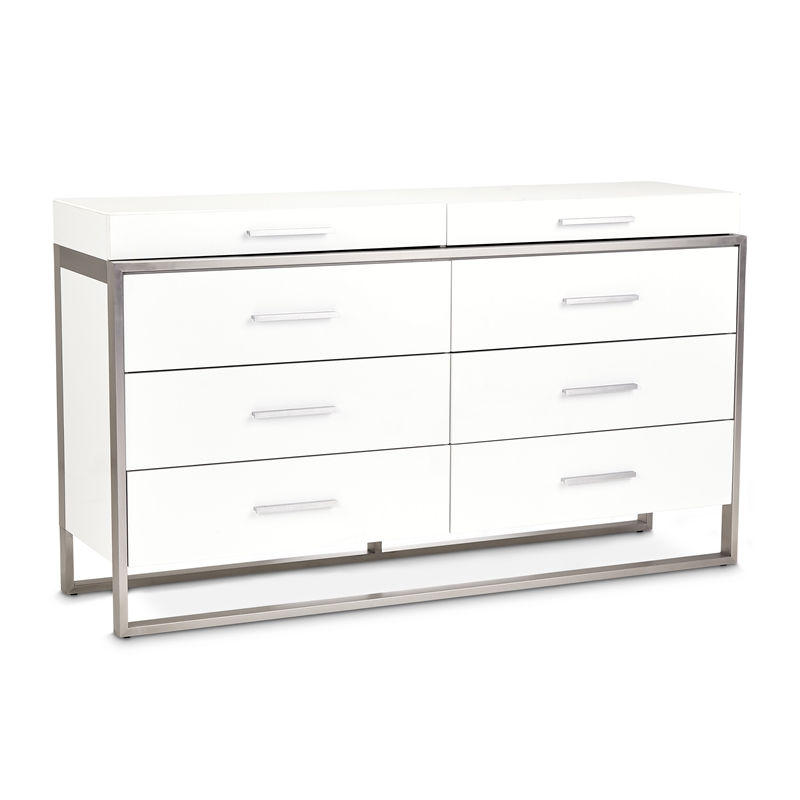 Michael Amini Marquee 8-Drawer Modern Wood and Glass Dresser in Cloud White