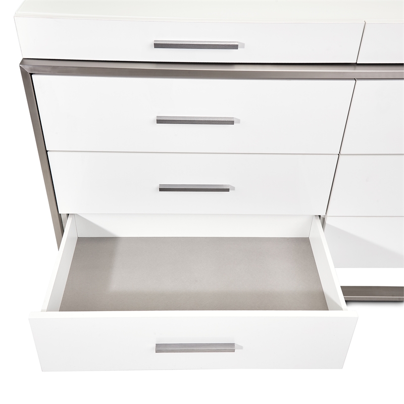 Michael Amini Marquee 8-Drawer Modern Wood and Glass Dresser in Cloud White