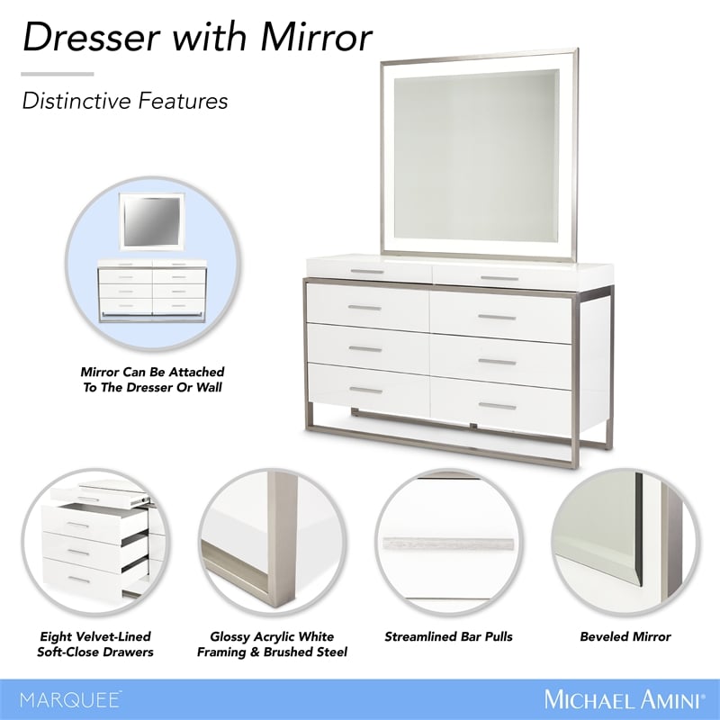 Marquee 8-Drawer Dresser with Mirror in Cloud White